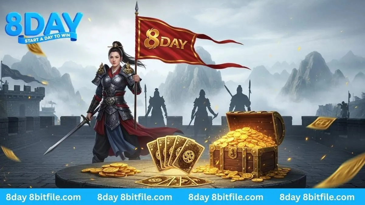 Nữ anh hùng trong game Thủy Hử của CQ9 8DAY đứng trên Lương Sơn Bạc với cờ, vàng và lá bài