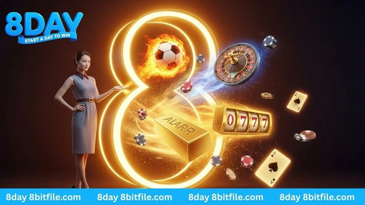 Cô gái chủ nhà 8DAY đang giới thiệu cánh cổng giải trí với các game thể thao, casino, nổ hũ và bài.