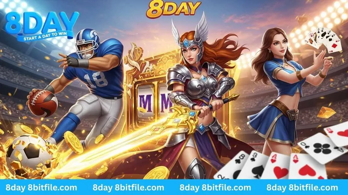Các nhân vật game 8DAY từ thể thao, casino, nổ hũ cùng xuất hiện trong một khung hình hành động