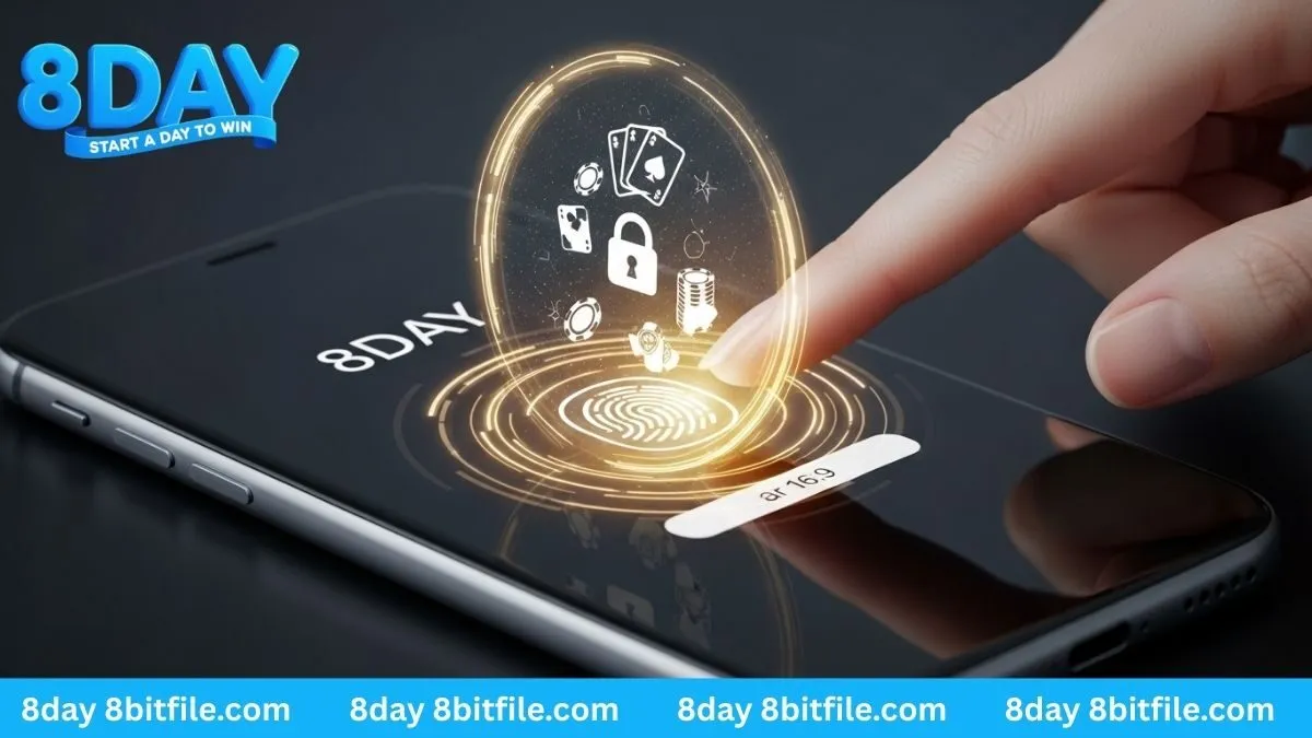 Đăng nhập App 8DAY bằng vân tay với hiệu ứng công nghệ cao, bảo mật bằng vàng và lá bài