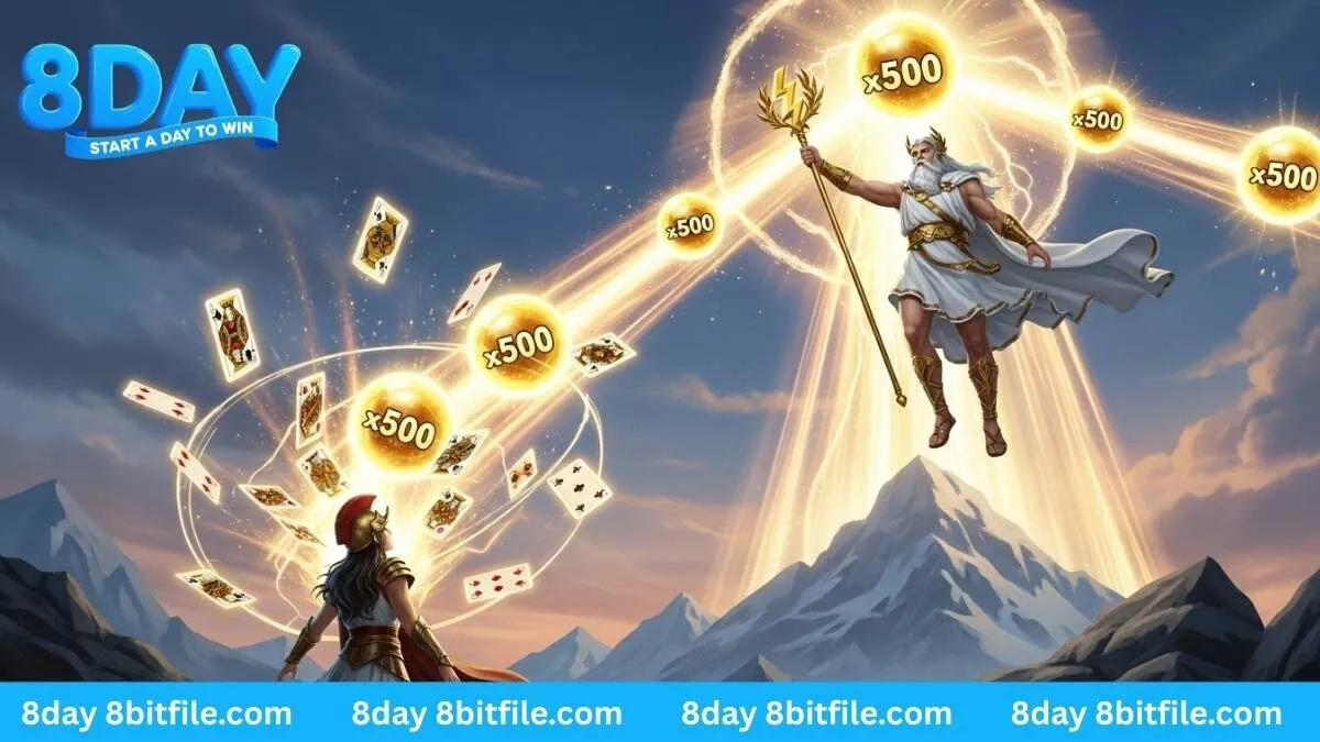 Thần Zeus trong game Gates of Olympus của Pragmatic Play tại 8DAY tung ra hệ số nhân vàng và lá bài.