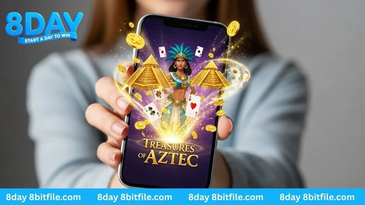 Cô gái trải nghiệm game Nổ Hũ PG Soft 8DAY với hiệu ứng 3D tràn khỏi màn hình điện thoại dọc