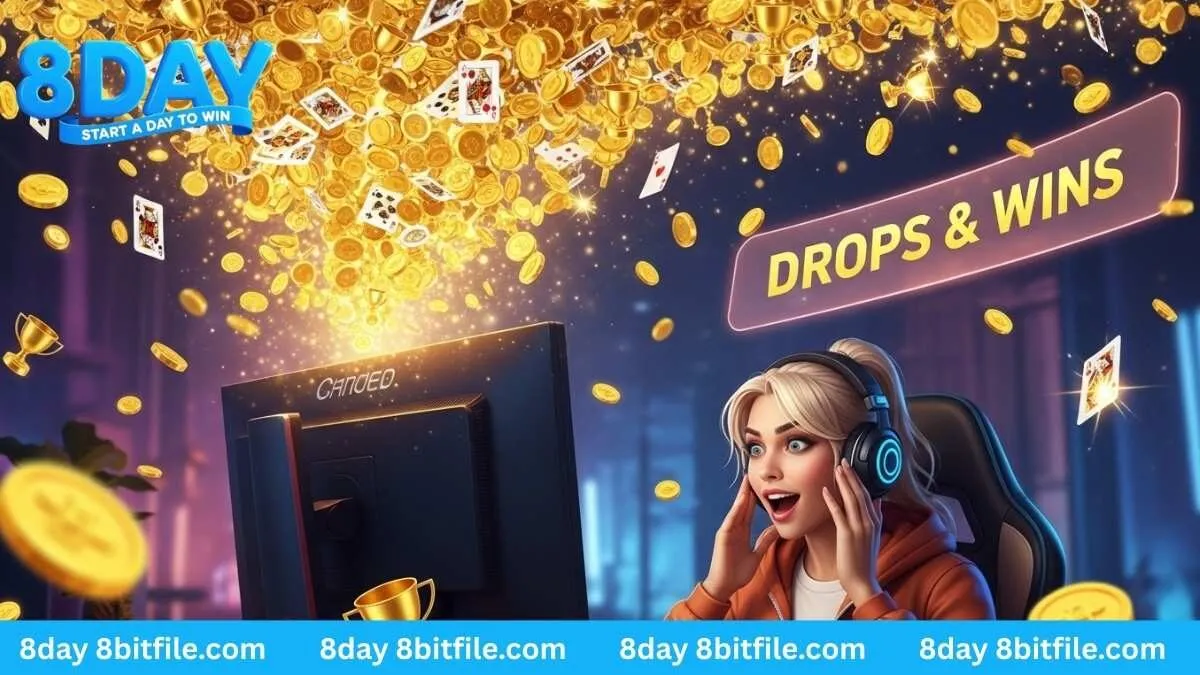 Nữ game thủ 8DAY vui mừng nhận cơn mưa thưởng Drops & Wins từ game Pragmatic Play với cúp vàng và lá bài.