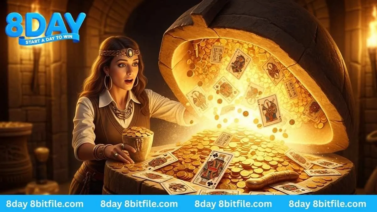 Nữ khảo cổ học khám phá kho báu Pharaoh trong game Jili 8DAY với vàng và lá bài Ai Cập.