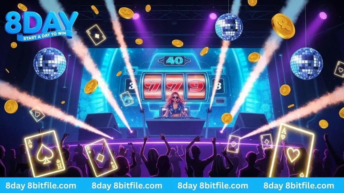 Nữ DJ trong game Nhảy Cùng DJ của CQ9 8DAY tạo ra vụ nổ vàng và lá bài trên sân khấu.