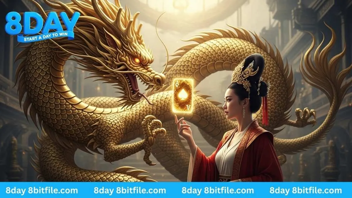 Nữ hoàng 8DAY điều khiển Rồng Vàng và lá bài may mắn trong game Nổ Hũ JDB.