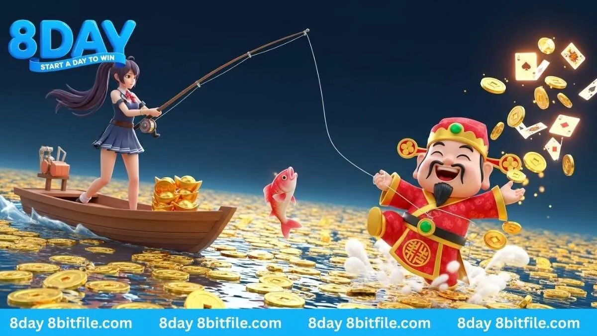 Nhân vật game 8DAY câu được Thần Tài vàng trong game Nổ Hũ JDB Thần Tài Câu Cá