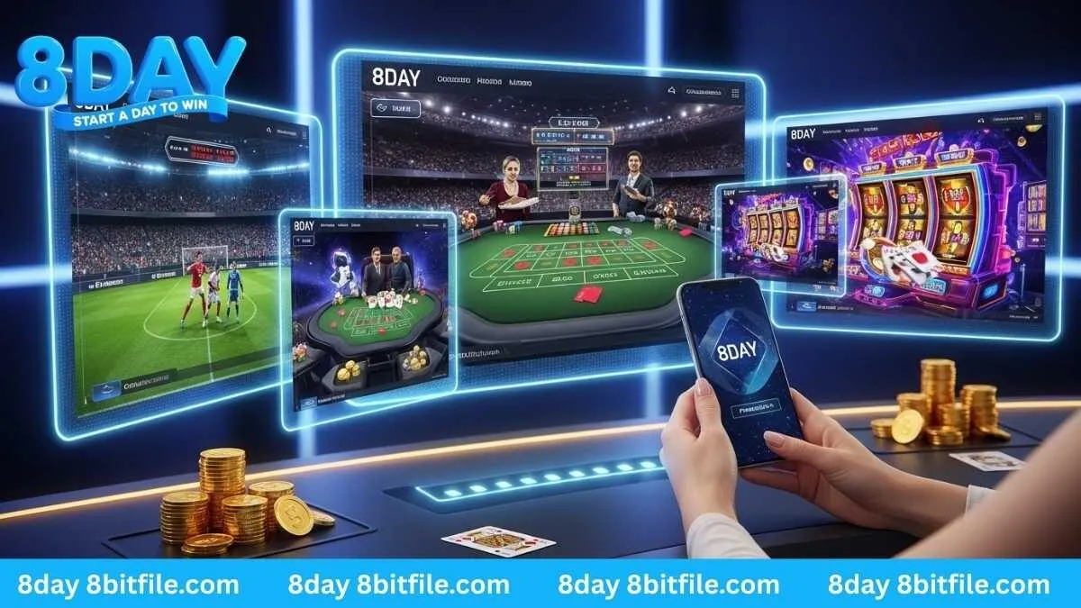 Giao diện chơi game 8DAY trên nhiều màn hình hologram hiện đại với tiền vàng và lá bài