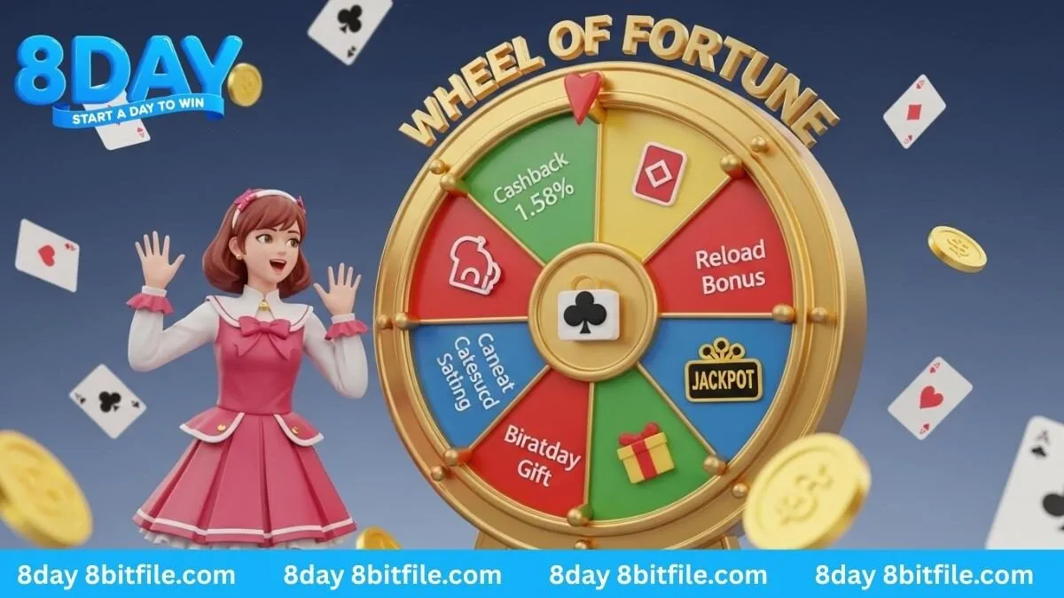 Nhân vật game 8DAY bên cạnh vòng quay khuyến mãi may mắn với các ưu đãi hoàn trả, thưởng nạp